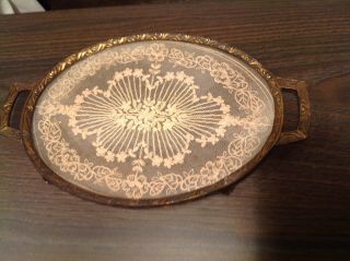 Antique Art Nouveau Pncw Brass Glass Lace Vanity Dresser Tray Handled & Footed