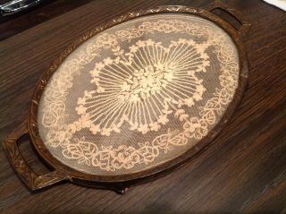 ANTIQUE ART NOUVEAU PNCW BRASS GLASS LACE VANITY DRESSER TRAY HANDLED & FOOTED 2