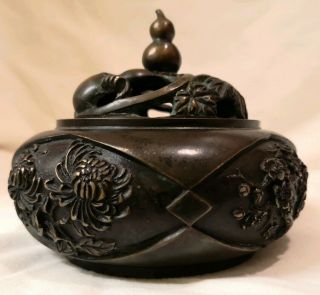 Old Chinese Japanese Bronze Incense Burner Lotus Covered Censer With Signature