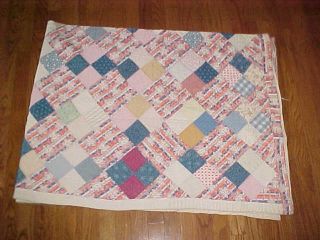 Old Antique Quilt Hand Made Squares Blues Red Oranges 60 " X 76 "
