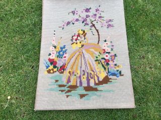 Vintage Tapestry Embroidered Picture Handmade Crinoline Lady In Country Garden