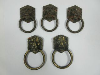 Vintage 5 Brass Lion Head Ring Dresser Drawer Finger Pulls Cabinet Door Handles
