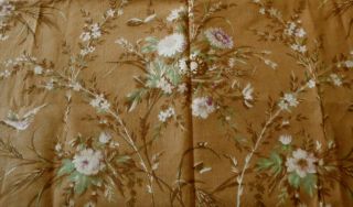 Antique French Botanical Bird Butterfly Floral Cotton Fabric Pink Green Brown