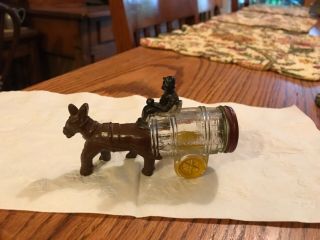 Antique Glass Candy Container Mule Pulling Barrel With Man 1930s