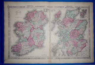 Vintage 1864 Ireland - Scotland Atlas Map Old Antique Johnson 