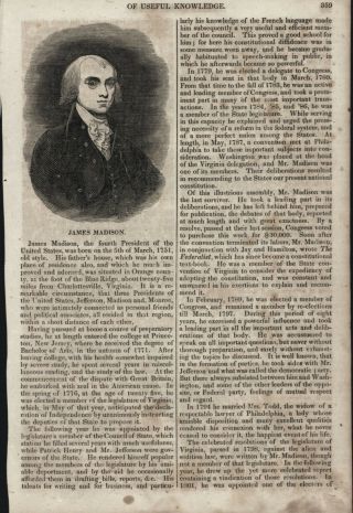 1837 Antique Woodcut Print - " James Madison " With Article