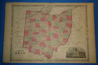 Vintage 1865 Ohio Map Old Antique Johnson Atlas 20419