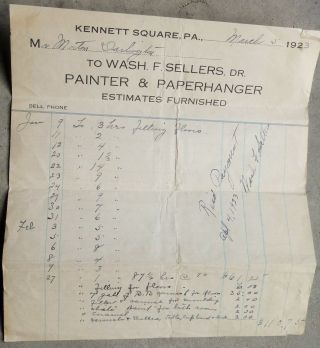1923 Antique Receipt Invoice Kennett Square Pa Wash F.  Sellers Painter Darlington