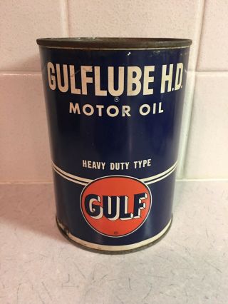 Vintage Gulf Lube H.  D.  Motor Oil Heavy Duty Type 1 Quart Can 10w? Full Rare