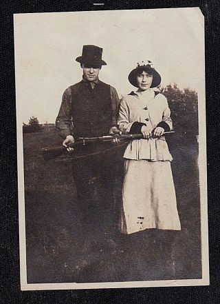 Antique Vintage Photograph Man & Woman Holding Rifle / Gun - Great Hats