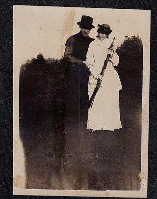 Antique Vintage Photograph Man In Hat W/ Woman Holding Rifle / Gun