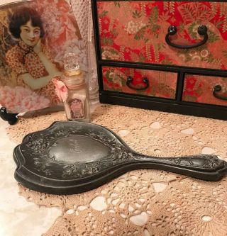 Vintage 1880’s Antique Victorian Vanity Silver Plated Floral Design Hand Mirror