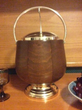 Vintage Mid Century Modern Wood And Silver Ice Bucket (rare) Liner By Thermos