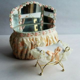 1987 Dollhouse Miniature Vanity,  Mirror,  & Bench,  Artist Signed And Dated