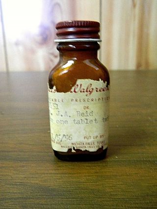 Vintage 1956 Walgreens Prescription Bottle With Label