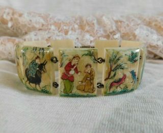 Vintage Mother Of Pearl,  Hand Painted Storybook Panel Bracelet 7 1/2 " Rare