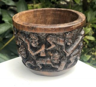 Antique Signed Carved African Wood Wooden Tribal Hunting For Food Design Bowl