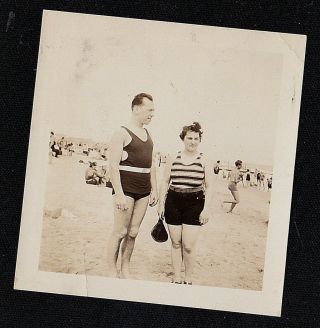 Vintage Antique Photograph Man & Woman In Old Time Bathing Suits On The Beach