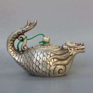 Chinese Collectable Handwork Old Miao Silver Carve Dragon Goldfish Tibet Tea Pot