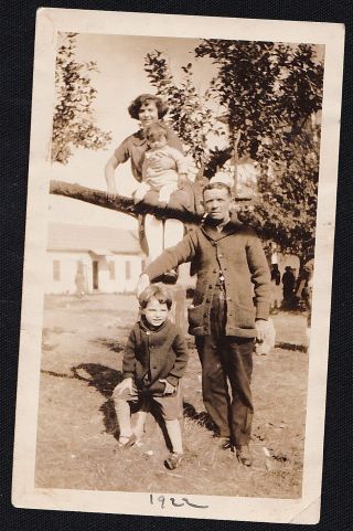 Old Antique Vintage Photograph Mom And Dad With Babies Sitting On Tree Log
