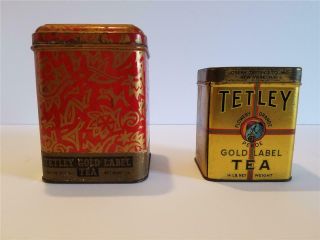 2 Antique Tetley Gold Label Tea Tins.  One Half Pound,  One Quarter Pound.