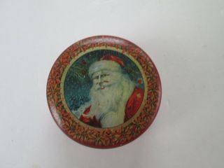 Antique 4” Tindeco Santa Claus & Poinsettia Christmas Candy Tin Art Deco Era 436