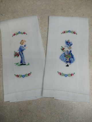 Set Of 2 Antique/ Vintage Hand Embroidered Boy & Girl Linen Hand Guest Towels