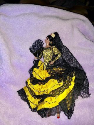 Vintage Marin Chiclana Doll Flamenco Dancer,  Yellow Dress With Black Lace - 10”