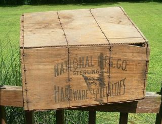 Vintage National Mfg Hardware Wood & Wire Box Crate Sterling Illinois
