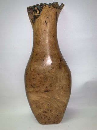 Rare Wormy Birdseye Maple Burl Wood Vase,  Live Edge 14” 5.  5” X 3” Carved Vase
