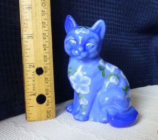 Fenton Blue Glass Kitten Cat Figurine Signed Hand Painted Collectible Rare