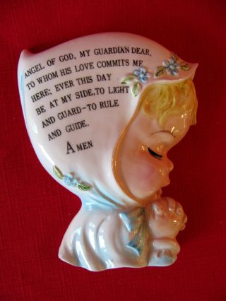 Rare Vintage Lefton China Wall Plaque Girl In Blue Prayer 1950 