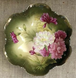 Antique P T Germany Handpainted Porcelain Bowl Green W Pink & White Carnations