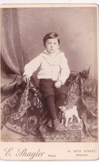 Antique Cabinet Photo - Young Boy With Tiny Dog.  Toy Or Real ??? Redcar Studio