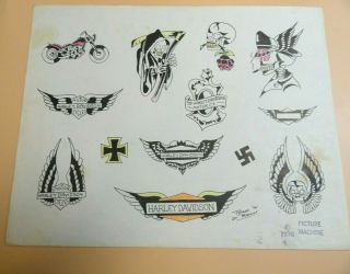 Vintage 1976 Rare Picture Machine Tattoo Flash Sheet Harley Davidson Grim Reaper