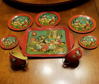 J Chein Tin Litho Top Vintage Antique 1920s - 30s Mickey Mouse? 8 Piece Tea Set