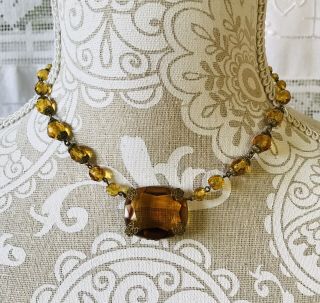 ⭐️antique Vintage Art Deco Design Amber Glass Beads Brass Czech Choker Necklace