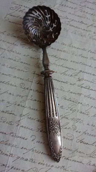 DIVINE ANTIQUE FRENCH SILVER GILT SUGAR SIFTER SPOON c1900 ROSE GARLAND 3