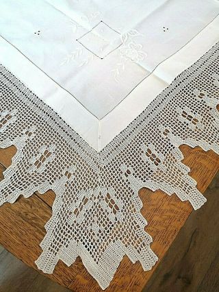 Vintage 50 " X 51 " White Cotton Embroidered Tablecloth 7 " Crocheted Lace Trim