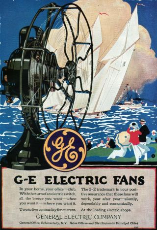 Antique 1917 G.  E.  Electric Fan Pushing Sailboats Color Ad Poster