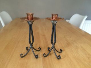 Arts And Crafts Copper And Wrought Iron Candlesticks