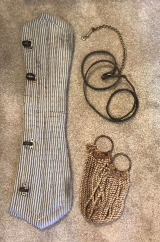 3 Antique Horse Tack Saddle Pad,  Girth Sinch,  Lead Rope Stable Barn Old Vintage