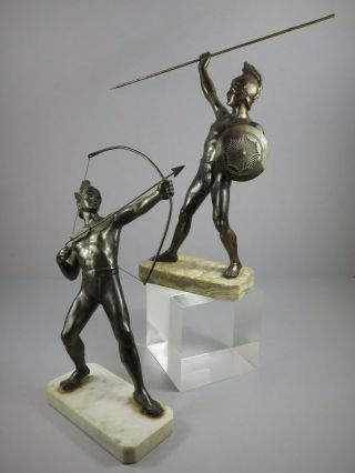 Pair Antique 1930 ' s Art Deco Bronzed Spelter Spartan Warrior Figurines 2