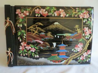 Vintage Oriental Japan Design Colorful Floral Black Lacquer Photo Album