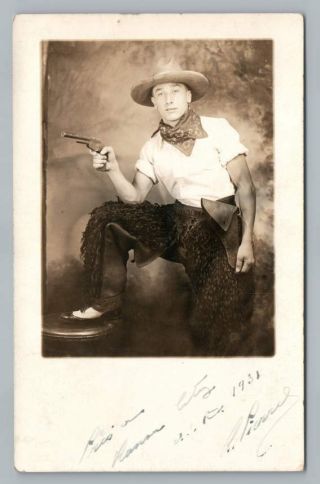 Handsome Cowboy Man W Pistol Rppc Studio Photo Kansas City Mo Antique Gun 1930