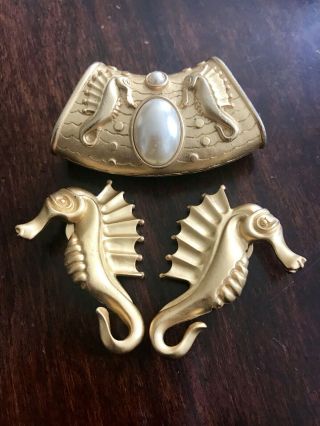 Rare Vintage Signed Bob Mackie Seahorse Earrings And Mabe Pearl Slide Pendant