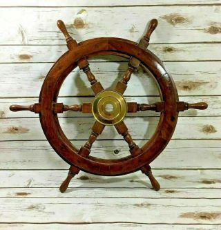 18  Pirate Wooden Ship Wheel Vintage Boat Nautical Decor Brass Center Gift