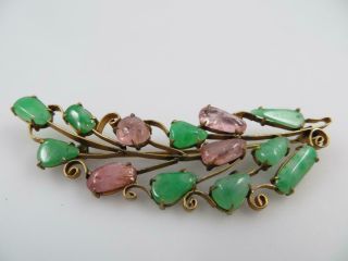 Antique Victorian Brooch,  Pin With Pink & Green Stones Extended Fastening Pin