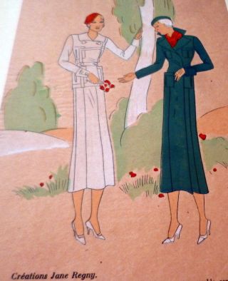 Rare 1930s Art Deco Pochoir Fashion Dress Hand Painted Paris Designer Jane Regny
