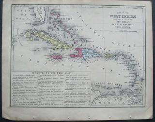1873 Antique Mitchell Map Of West Indies - Bright Handpainted Colors